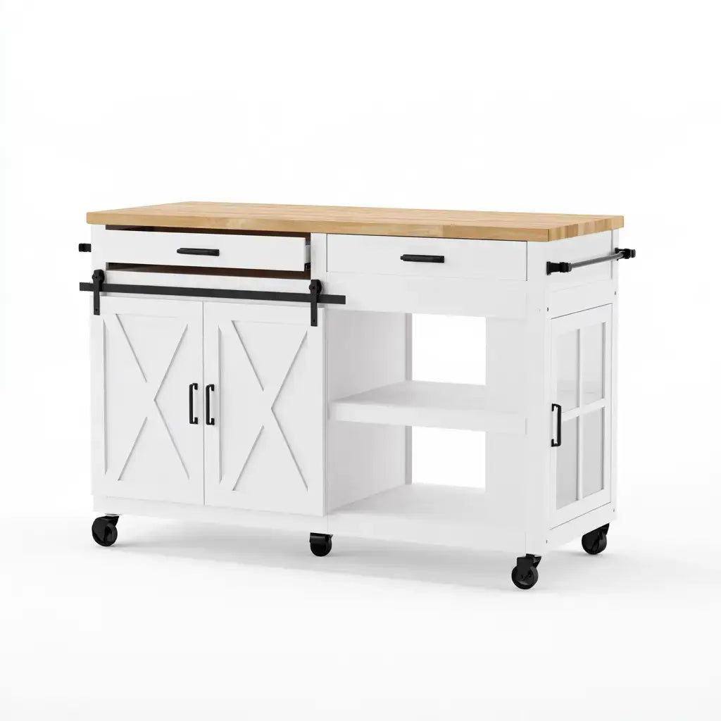 Isla de cocina con puerta cruzada y estantes abiertos - blanco/beige