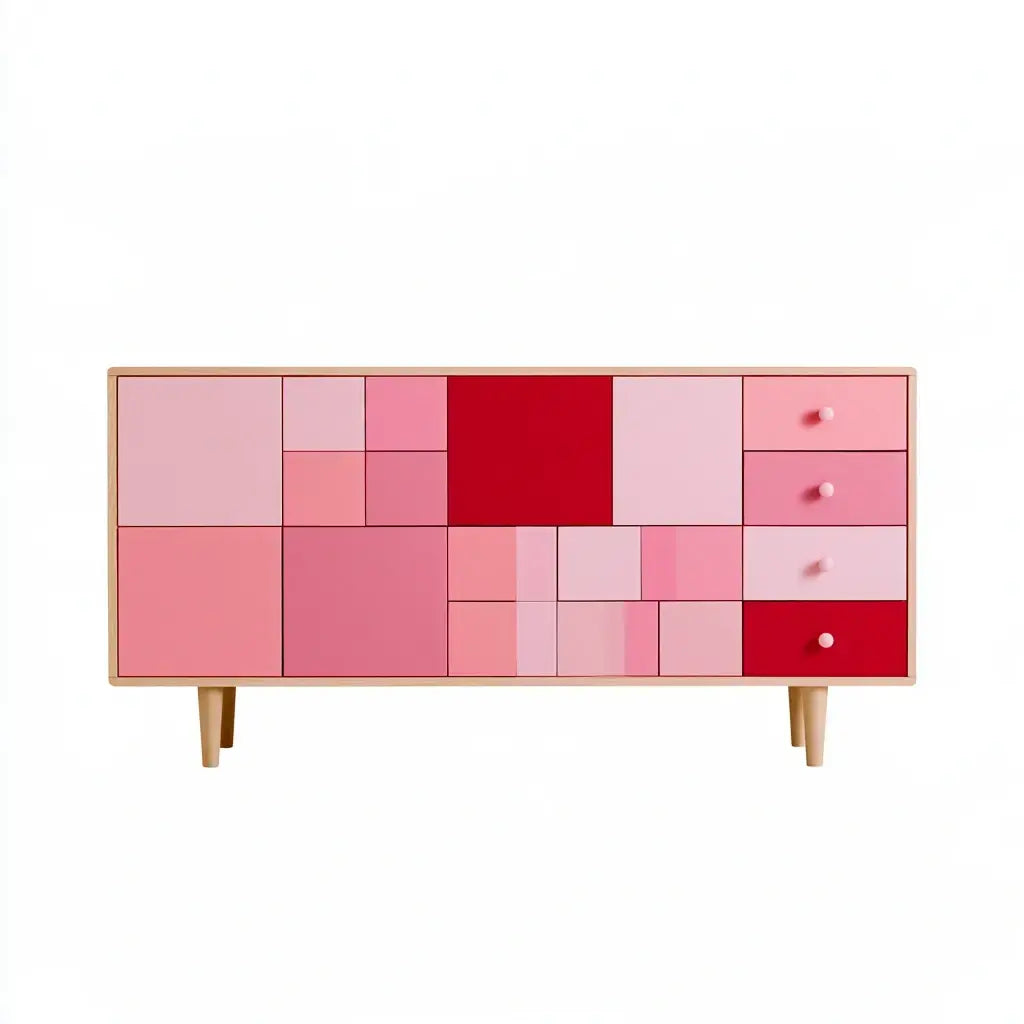 Aparador con frentes geométricos en tonos rosas - rosa/rojo